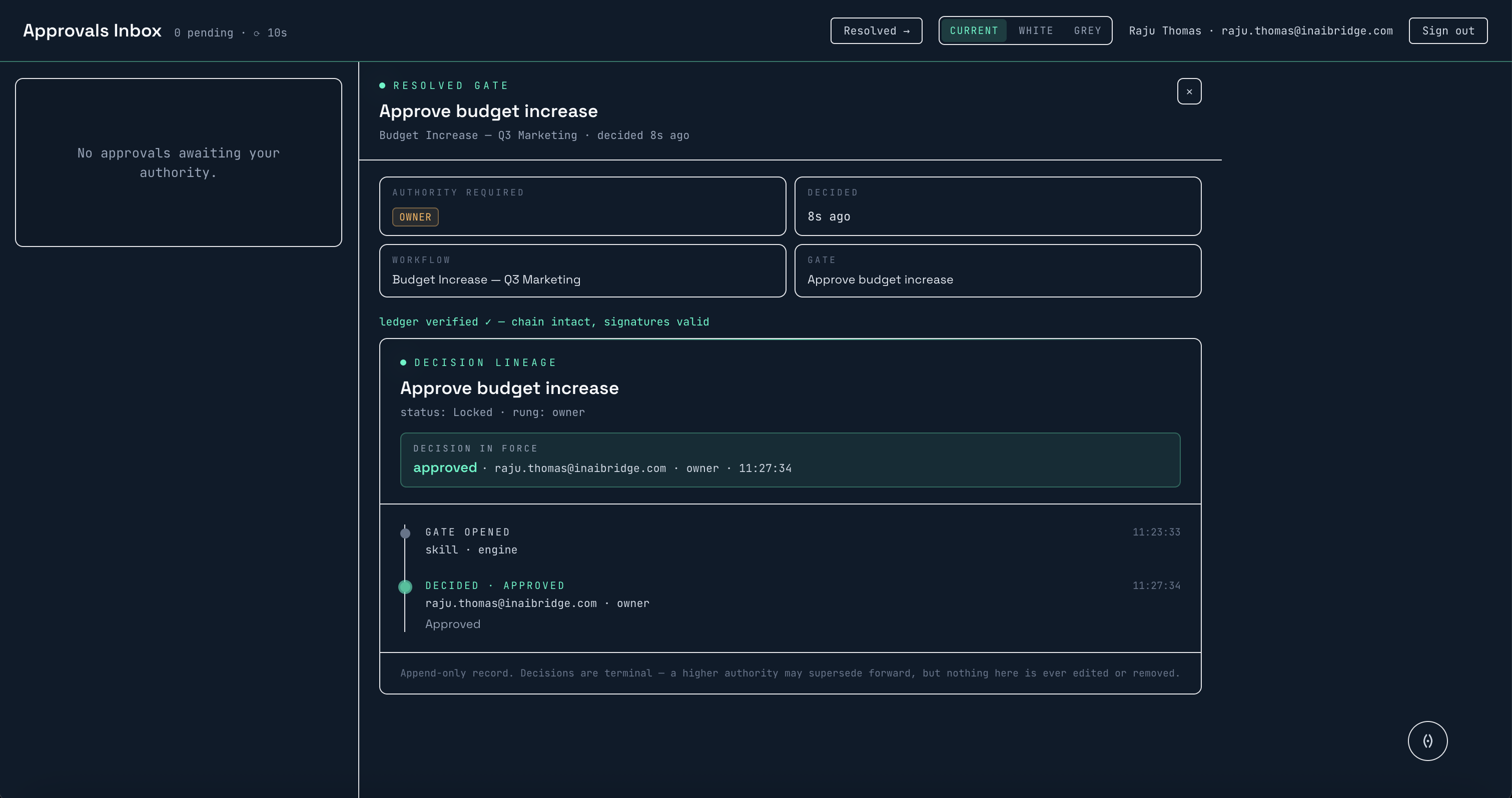 A resolved approval in the Inbox with its signed, chain-verified decision lineage